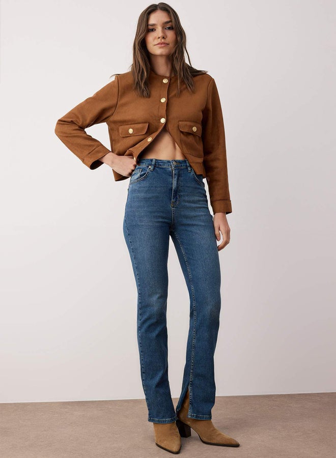 trendyol Dark Blue Slit Super High Waist Slim Flare Jeans TWOSS22JE0643 - Image 1