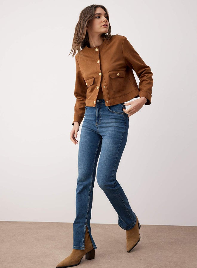 trendyol Dark Blue Slit Super High Waist Slim Flare Jeans TWOSS22JE0643 - Image 2