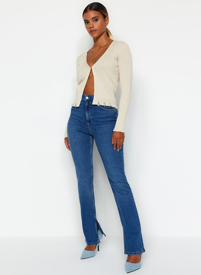 trendyol Dark Blue Slit Super High Waist Slim Flare Jeans TWOSS22JE0643 - Image 5