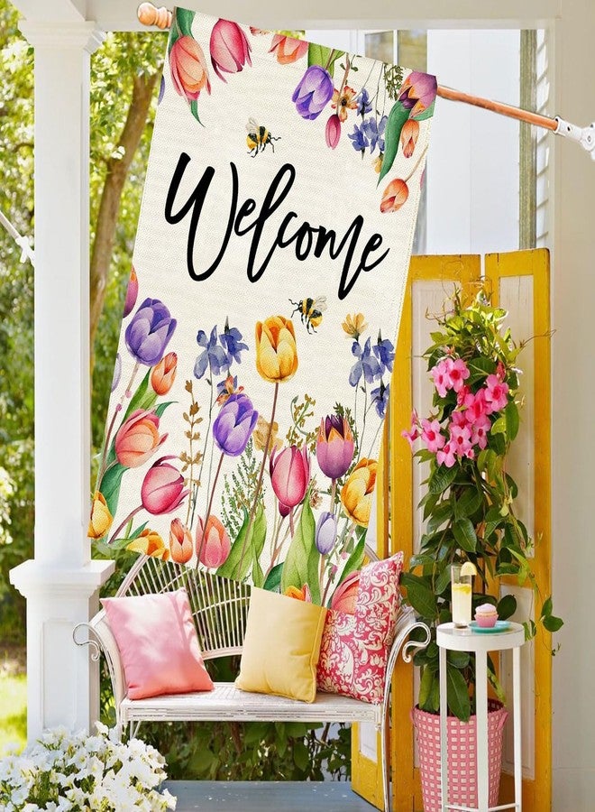 Baccessor Spring Summer Easter Tulip Welcome House Flag Double Sided Bee Colorful Floral Small Burlap Yard House Seasonal Farmhouse Outside Outdoor Decoration 28 x 40 Inch（large） - Image 3