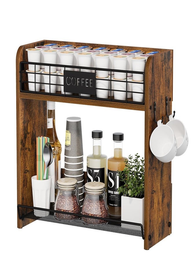 YINMIT K Cup Pod Holder, K Cup Organizer with 2 Mug Hooks, 2 Tier Keurig Coffee Pod Holder, Wood Coffee Bar Station Organizer for Countertop, Home, Office, Kitchen, Retro - Image 1