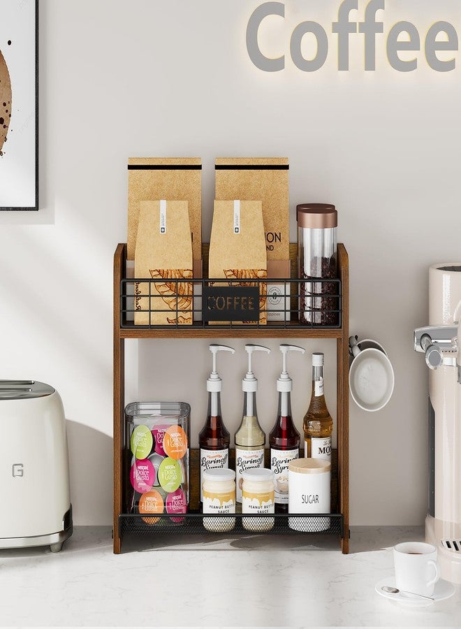 YINMIT K Cup Pod Holder, K Cup Organizer with 2 Mug Hooks, 2 Tier Keurig Coffee Pod Holder, Wood Coffee Bar Station Organizer for Countertop, Home, Office, Kitchen, Retro - Image 2