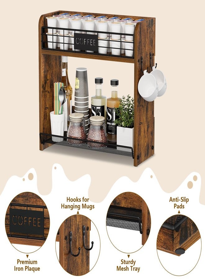 YINMIT K Cup Pod Holder, K Cup Organizer with 2 Mug Hooks, 2 Tier Keurig Coffee Pod Holder, Wood Coffee Bar Station Organizer for Countertop, Home, Office, Kitchen, Retro - Image 4
