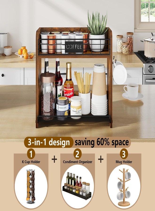 YINMIT K Cup Pod Holder, K Cup Organizer with 2 Mug Hooks, 2 Tier Keurig Coffee Pod Holder, Wood Coffee Bar Station Organizer for Countertop, Home, Office, Kitchen, Retro - Image 5