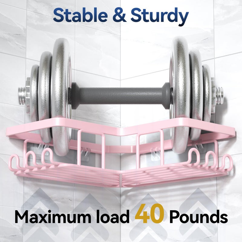 YASONIC Corner Adhesive Shower Caddy  with Soap Holder and 12 Hooks  Rustproof Stainless Steel Bathroom Organizer  No Drilling Wall Mounted Rack  Pink  3-Pack - Image 2