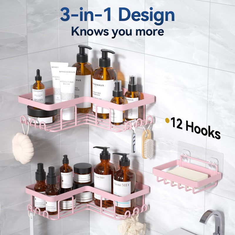 YASONIC Corner Adhesive Shower Caddy  with Soap Holder and 12 Hooks  Rustproof Stainless Steel Bathroom Organizer  No Drilling Wall Mounted Rack  Pink  3-Pack - Image 5
