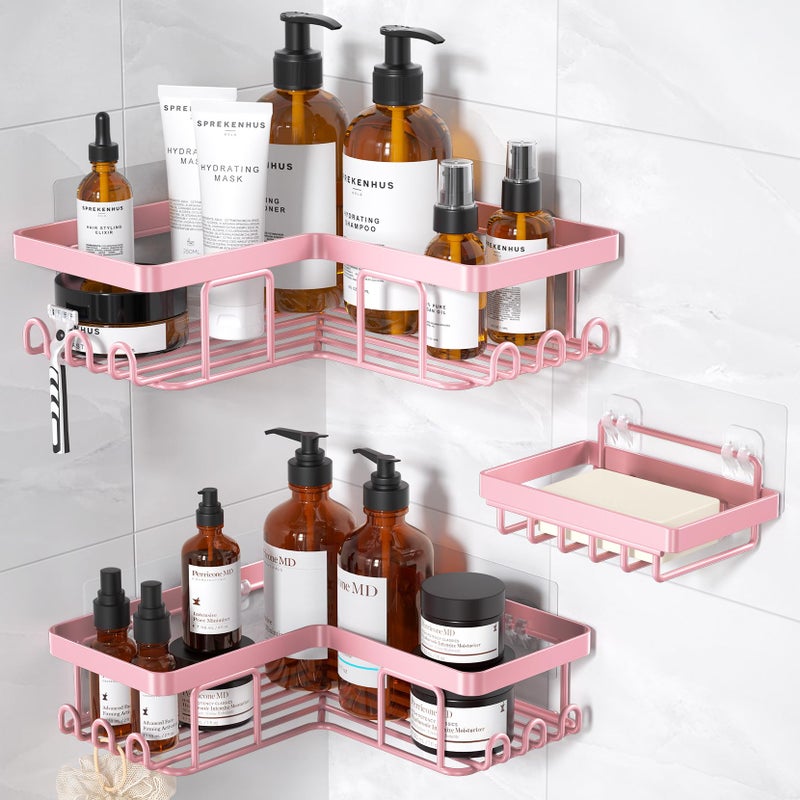 YASONIC Corner Adhesive Shower Caddy  with Soap Holder and 12 Hooks  Rustproof Stainless Steel Bathroom Organizer  No Drilling Wall Mounted Rack  Pink  3-Pack - Image 1