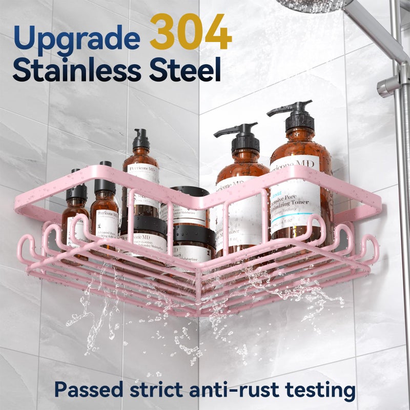 YASONIC Corner Adhesive Shower Caddy  with Soap Holder and 12 Hooks  Rustproof Stainless Steel Bathroom Organizer  No Drilling Wall Mounted Rack  Pink  3-Pack - Image 4