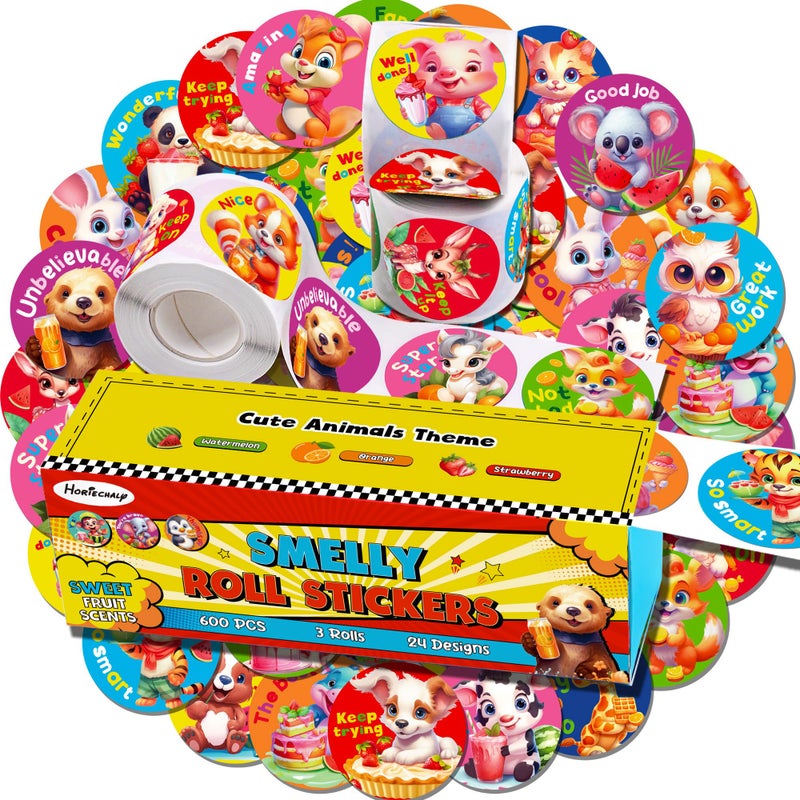 HORIECHALY Scratch and Sniff Stickers Rolls, Smelly Animal Stickers with 24 Designs and 3 Fruit Scents, Reward Motivate Stickers for Kids, Teachers, Parents Gift- 3 Rolls, 600 Pcs, 1.58" - Image 1