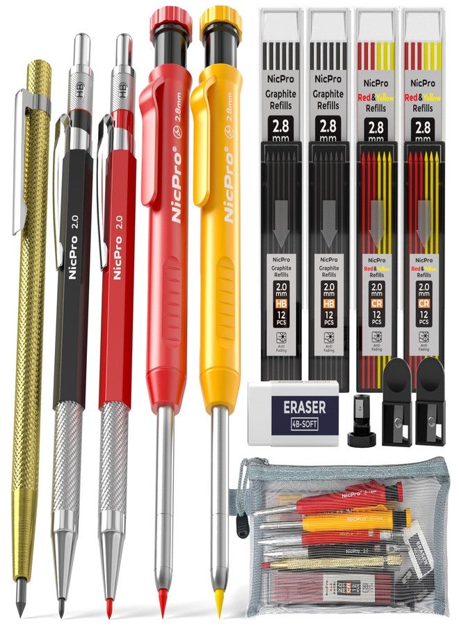 Nicpro 18 Pack Carpenter Pencil Set with Sharpener, Mechanical Carpenter Pencils with 76 Refills and Carbide Scribe Tool, Deep Hole Marker, Heavy Duty Construction Pencil for Architect-With Case - Image 1