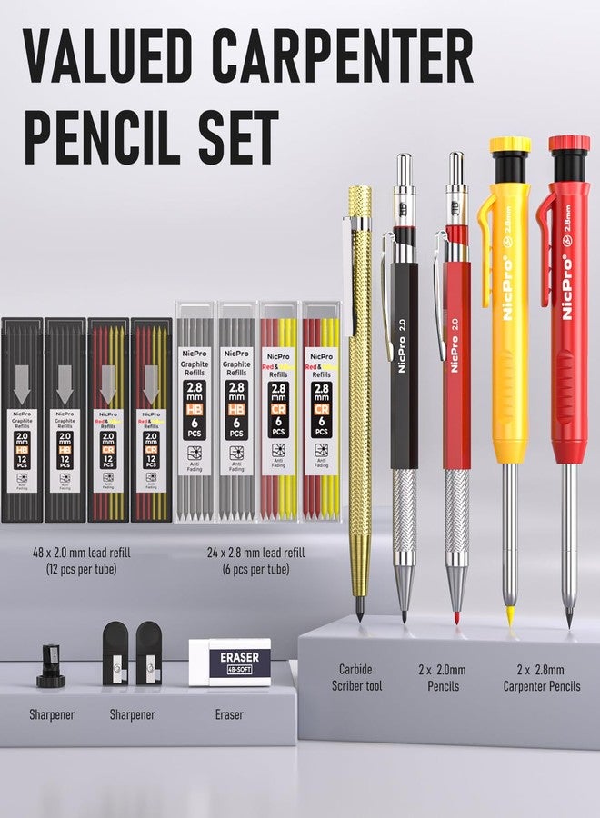 Nicpro 18 Pack Carpenter Pencil Set with Sharpener, Mechanical Carpenter Pencils with 76 Refills and Carbide Scribe Tool, Deep Hole Marker, Heavy Duty Construction Pencil for Architect-With Case - Image 2