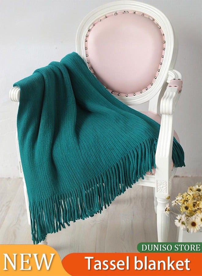 Decorative Knitted Throw Blanket with Fringe, Solid Fringe Throw Blanket with Tassels Striped Knitted Faux Cashmere Super Soft Warm Blankets for Couch Sofa Bed and Living Room for All Season.(Green） - Image 1
