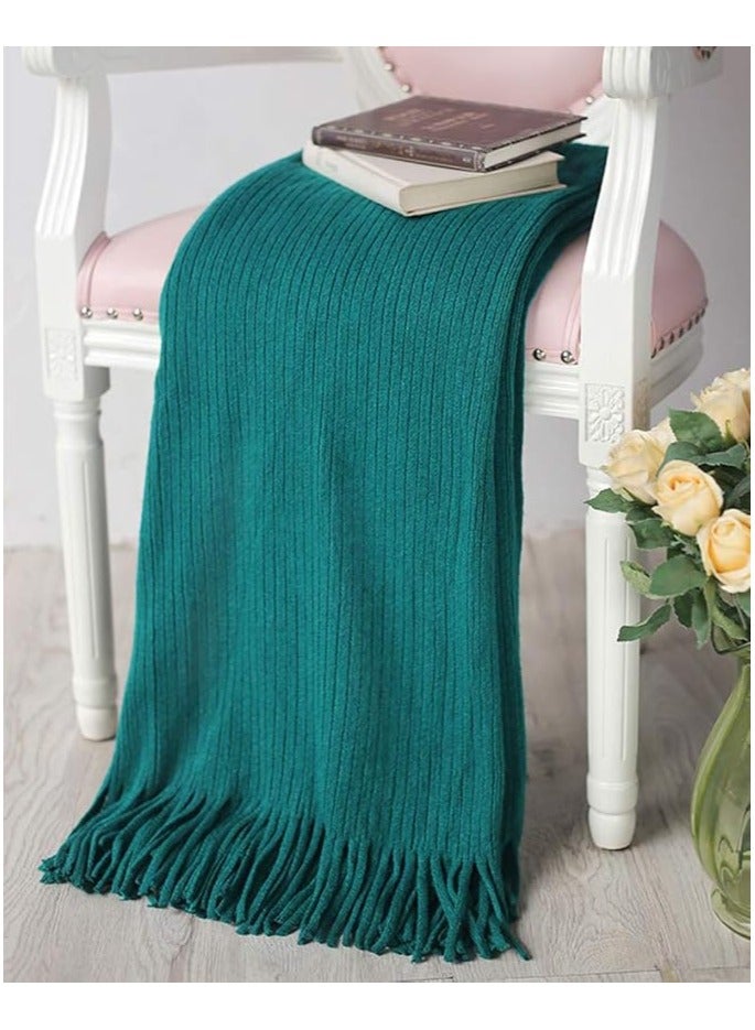 Decorative Knitted Throw Blanket with Fringe, Solid Fringe Throw Blanket with Tassels Striped Knitted Faux Cashmere Super Soft Warm Blankets for Couch Sofa Bed and Living Room for All Season.(Green） - Image 2