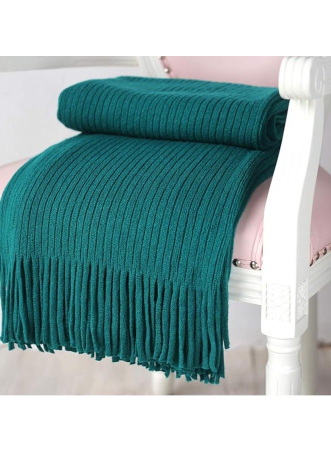Decorative Knitted Throw Blanket with Fringe, Solid Fringe Throw Blanket with Tassels Striped Knitted Faux Cashmere Super Soft Warm Blankets for Couch Sofa Bed and Living Room for All Season.(Green） - Image 3