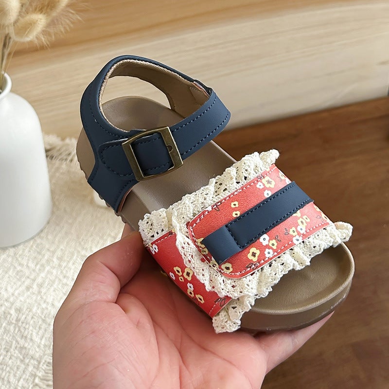 Girls'' Birkenstock Sandals 2026 Summer New Korean Style Girls'' Lace Princess Shoes with Skirt Beach Shoes - Image 3
