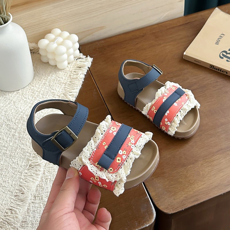 Girls'' Birkenstock Sandals 2026 Summer New Korean Style Girls'' Lace Princess Shoes with Skirt Beach Shoes - Image 1