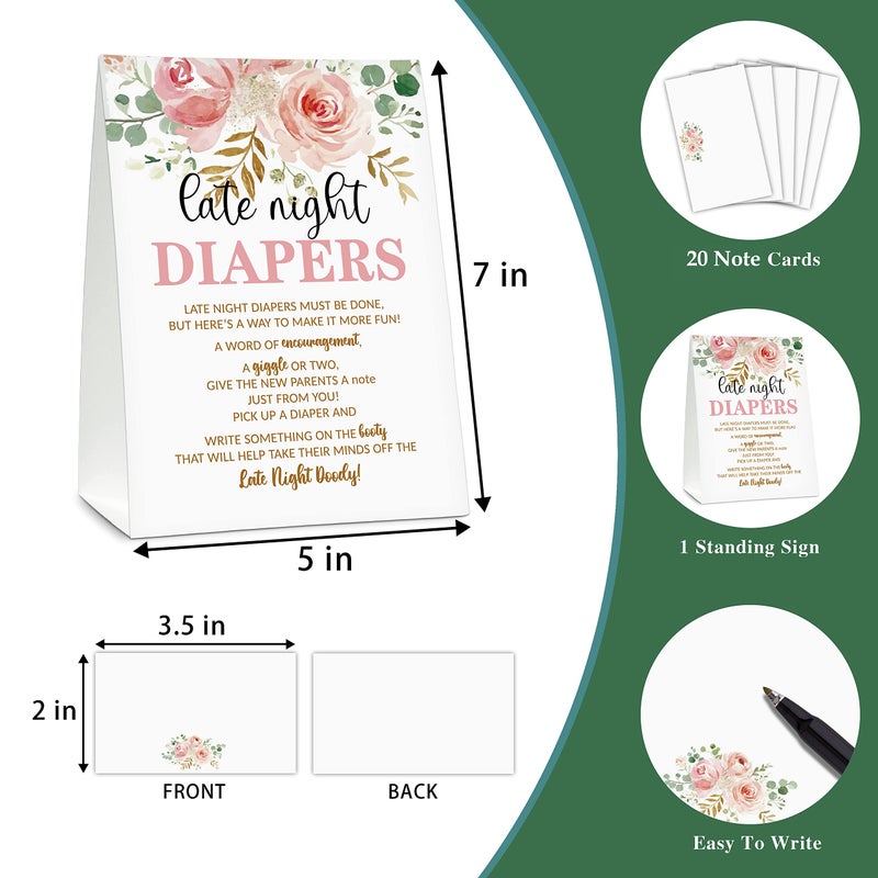 Gihyan Late Night Diapers Sign, Greenery Floral Note Cards Diaper Thoughts, Late Night Diaper Gender Reveal Game Set(1 Standing Sign + 20 Blank Greeting Cards), Blush Pink Gender Reveal Party Favor Decor - A07 - Image 2