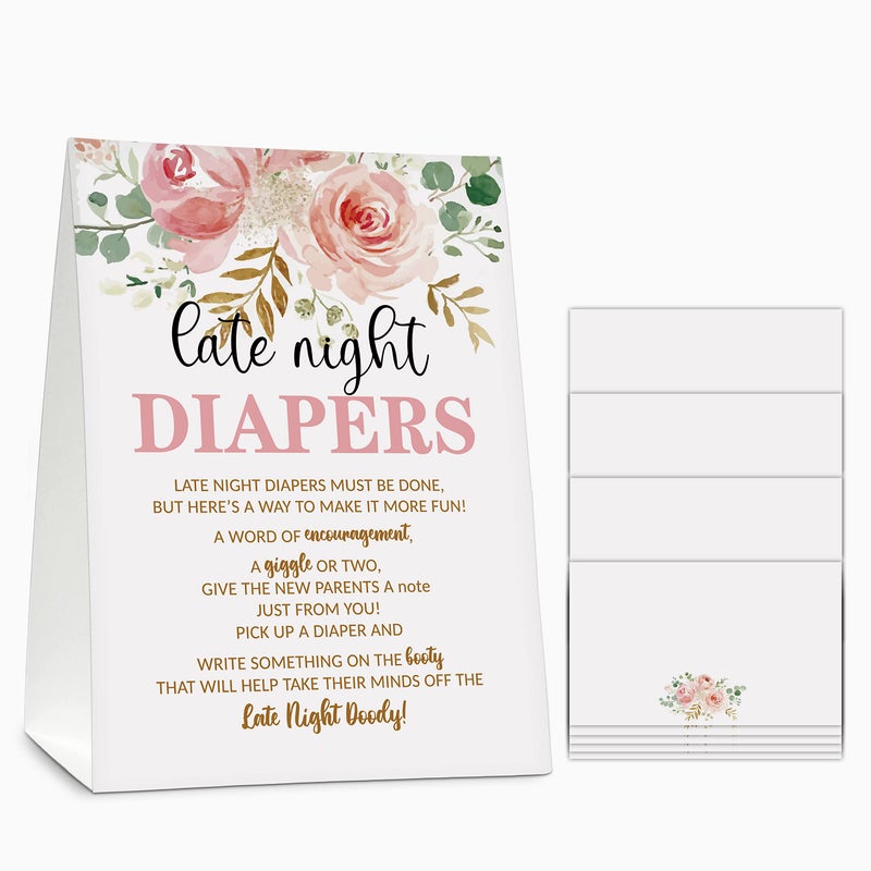 Gihyan Late Night Diapers Sign, Greenery Floral Note Cards Diaper Thoughts, Late Night Diaper Gender Reveal Game Set(1 Standing Sign + 20 Blank Greeting Cards), Blush Pink Gender Reveal Party Favor Decor - A07 - Image 1