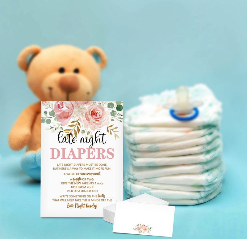 Gihyan Late Night Diapers Sign, Greenery Floral Note Cards Diaper Thoughts, Late Night Diaper Gender Reveal Game Set(1 Standing Sign + 20 Blank Greeting Cards), Blush Pink Gender Reveal Party Favor Decor - A07 - Image 4