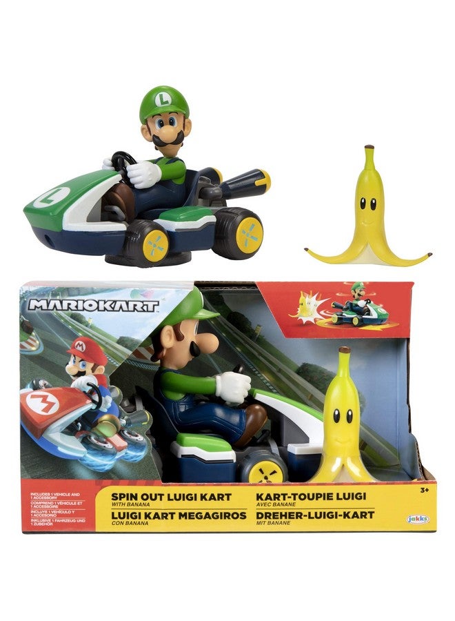 سوبر ماريو سيارة سباق لويجي من مجموعة ماريو كارت سبين أوت مع 360 دورة، مع إمكانية الالتفاف والانطلاق! تتضمن شخصية لويجي المتحركة مقاس 2.5 بوصة - Image 1