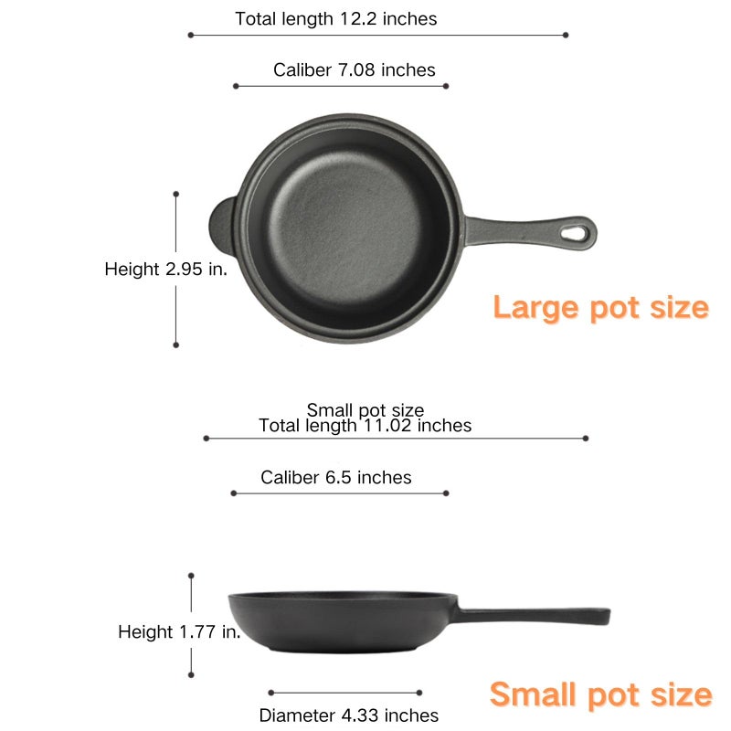 bangminda 1.6 Quart Cast Iron Pot, Cast Iron Saucepan, 2-in-1 Pre-Seasoned Cast Iron Dutch Oven Pot Set with 6.5Inch Frying Cast iron skillet, Camping Cookware & Sauce Pan for Indoor & Outdoor Recipes - Image 3