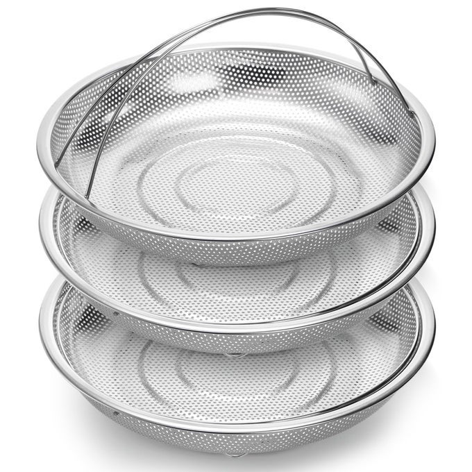3 PACK STEAMER BASKET FOR COOKING MICROPERFORATED STRAINER COLANDER SET STAINLESS STEEL VEGETABLE VEGGIE STEAMER RACK FOR POT ALLINONE STEAMING RACK STAND WITH HANDLES DISHWASHER SAFE