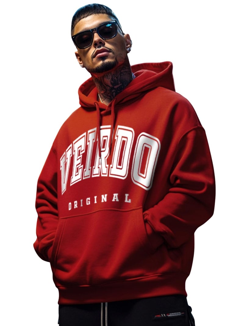 Veirdo® Fleece Oversized Baggy Fit Hooded Sweatshirt Drop Shoulder Typographic Logo Printed Full Sleeve Hoodie for Men ((OS_HDY_VDORGNAL_RD_M) Red - Image 1