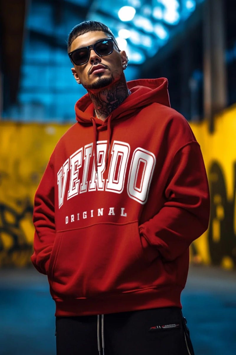 Veirdo® Fleece Oversized Baggy Fit Hooded Sweatshirt Drop Shoulder Typographic Logo Printed Full Sleeve Hoodie for Men ((OS_HDY_VDORGNAL_RD_M) Red - Image 2