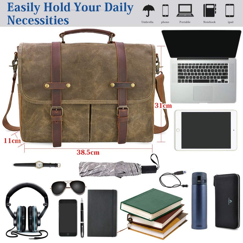 NEWHEY Mens Messenger Bag 15.6 Inch Waterproof Vintage Genuine Leather Waxed Canvas Briefcase Large Satchel Shoulder Bag Rugged Leather Computer Laptop Bag, Khaki - Image 2