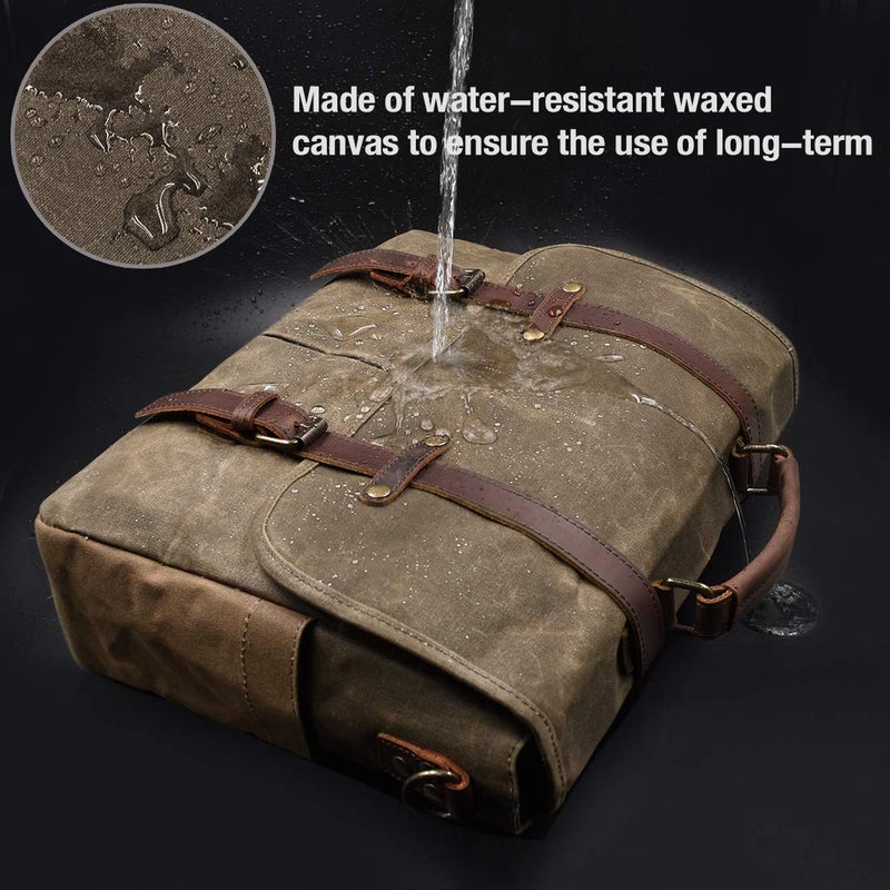 NEWHEY Mens Messenger Bag 15.6 Inch Waterproof Vintage Genuine Leather Waxed Canvas Briefcase Large Satchel Shoulder Bag Rugged Leather Computer Laptop Bag, Khaki - Image 3