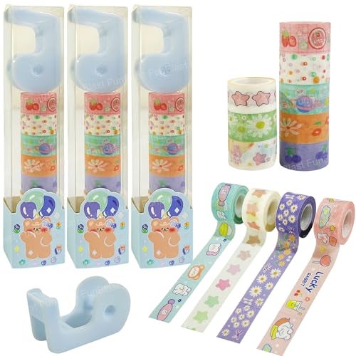 FunBlast Washi Tape Set – 24 Pcs Mini Decorative Masking Tape with 3 Dispenser, Paper Tape for Scrapbooking, Planners, Gift Wrapping, DIY Decoration Tapes for and Art & Craft (Pack of 3(Blue)) - Image 1