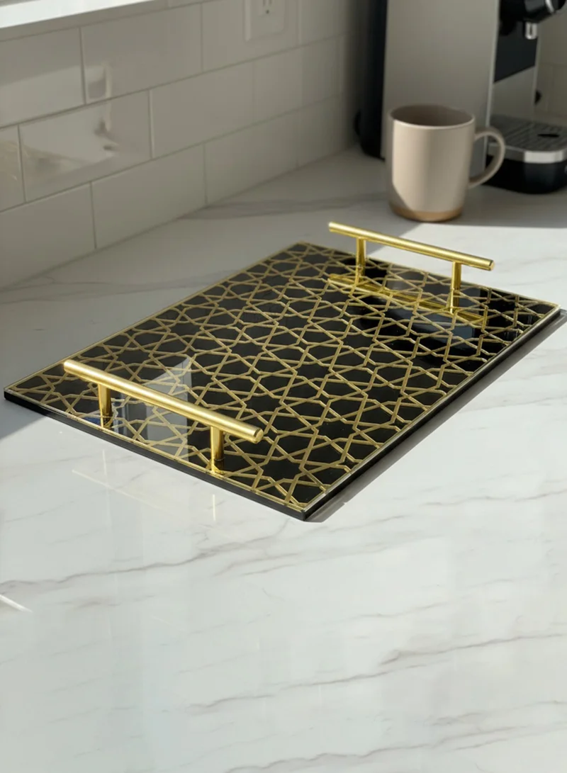 LOWHA Acrylic Serving Tray with Gold Metal Handles and Decorative Design