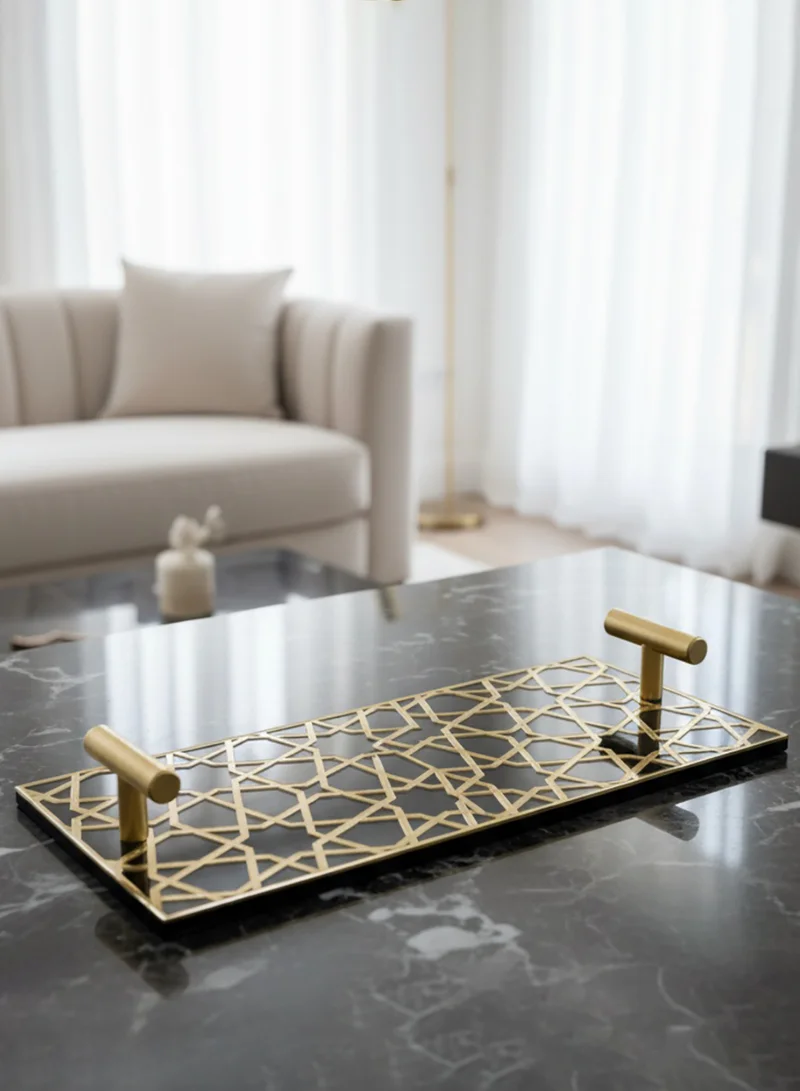 LOWHA Acrylic Serving Tray with Gold Metal Handles and Decorative Design