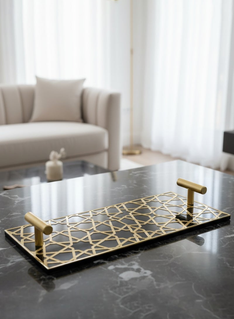 لوحة صينية تقديم من الأكريليك بتصميم مزخرف ومقابض معدنية ذهبية اللون - Image 2