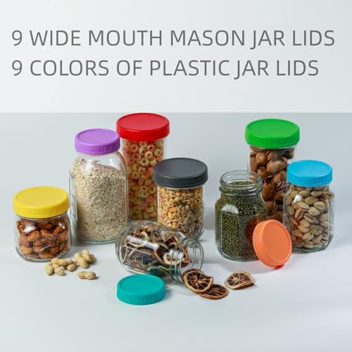 Bedgeta 9 Wide Mouth Mason Jar Lids with Silicone Ring,Thickened Leak-proof Lids Fit Ball,Kerr and More, 9 Color Plastic Lids, 86mm Plastic Mason Jar Lids - Image 4