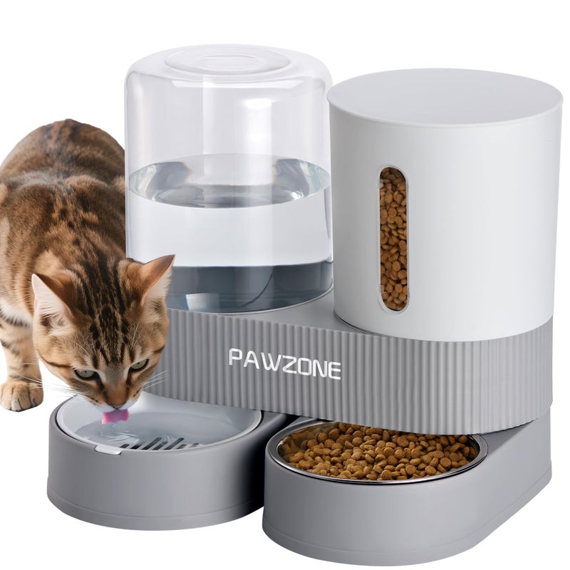 Pawzone 2 Pack Automatic Cat Feeder Stainless Steel Water Dispenser Gravity Food Feeder and Waterer Set with Pet Food Bowl for Small Medium Kitten Puppy Pets Large Capacity(Grey) - Image 1
