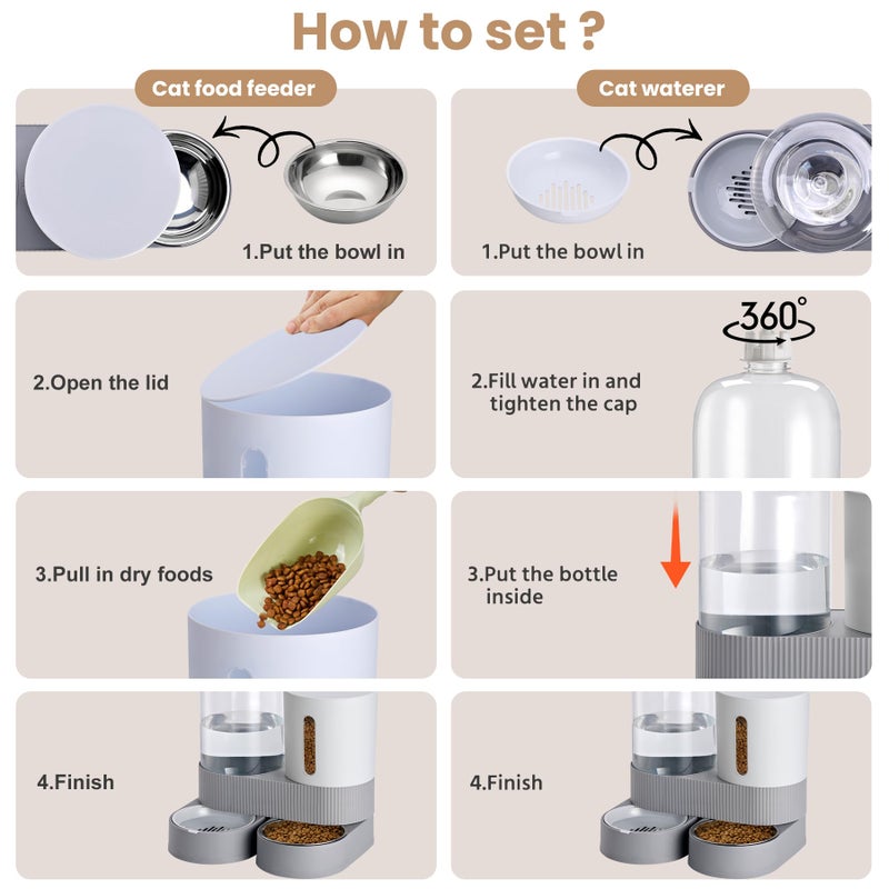 Pawzone 2 Pack Automatic Cat Feeder Stainless Steel Water Dispenser Gravity Food Feeder and Waterer Set with Pet Food Bowl for Small Medium Kitten Puppy Pets Large Capacity(Grey) - Image 4