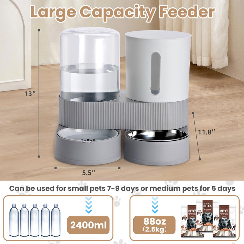 Pawzone 2 Pack Automatic Cat Feeder Stainless Steel Water Dispenser Gravity Food Feeder and Waterer Set with Pet Food Bowl for Small Medium Kitten Puppy Pets Large Capacity(Grey) - Image 2