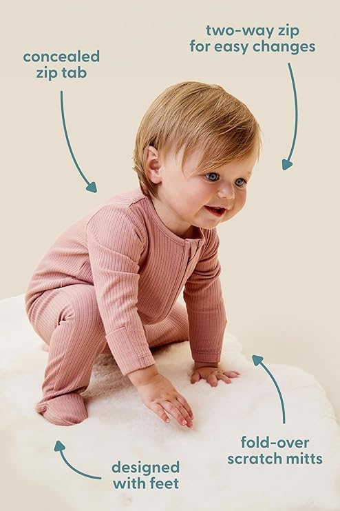 MORI Baby Unisex Pajamas in Ribbed Rose with Two Way Zip & Scratch Mitts - Footed Jumpsuit One Piece Sleepwear - 0-3 Months - Image 5