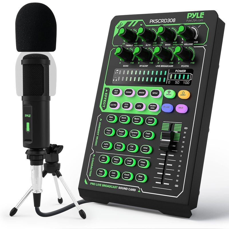 Pyle Portable Bluetooth Live Broadcast Sound Card Pro Audio Interface DJ mixer Condenser w/Microphone Set, for Streaming Podcasts Studio, Recording PC, Gaming, Phone, w/FX, Ambient Sounds - Image 1