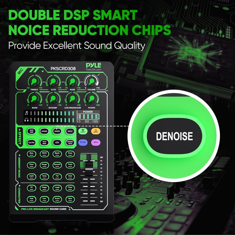 Pyle Portable Bluetooth Live Broadcast Sound Card Pro Audio Interface DJ mixer Condenser w/Microphone Set, for Streaming Podcasts Studio, Recording PC, Gaming, Phone, w/FX, Ambient Sounds - Image 2