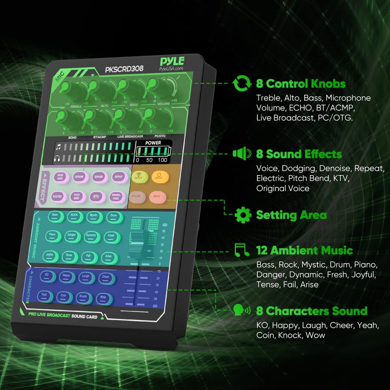 Pyle Portable Bluetooth Live Broadcast Sound Card Pro Audio Interface DJ mixer Condenser w/Microphone Set, for Streaming Podcasts Studio, Recording PC, Gaming, Phone, w/FX, Ambient Sounds - Image 3