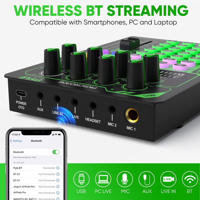 Pyle Portable Bluetooth Live Broadcast Sound Card Pro Audio Interface DJ mixer Condenser w/Microphone Set, for Streaming Podcasts Studio, Recording PC, Gaming, Phone, w/FX, Ambient Sounds - Image 4