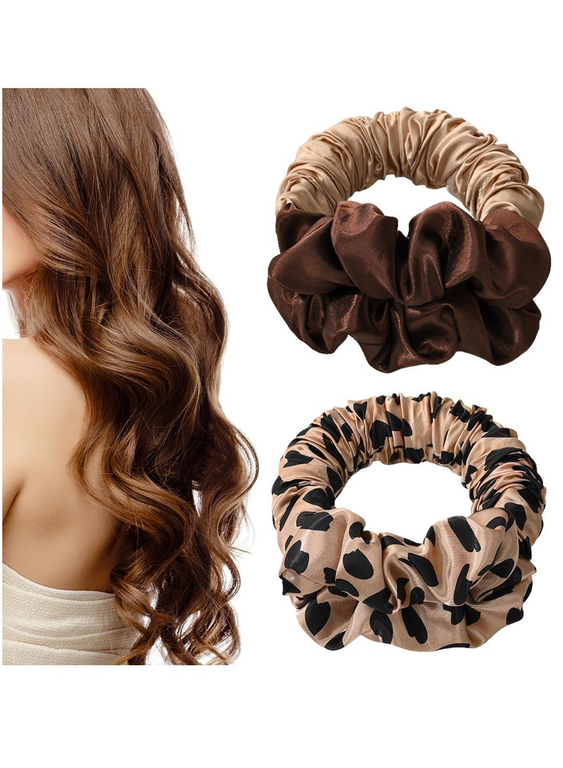 أونليماي فقط عبوتان من مكواة تجعيد الشعر بدون حرارة للاستخدام طوال الليل، وربطة شعر تجعيد بدون حرارة للنساء، وعصابة رأس ناعمة من الحرير للشعر الطويل للاستخدام طوال الليل. (بني + بني بنقشة جلد الفهد) - Image 1