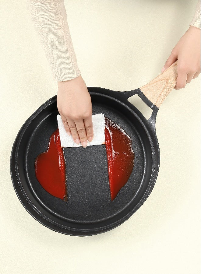 ESLITE LIFE Deep Frypan 20 cm Nonstick with Lid and wooden spatula | Aluminum | Non-stick Ceramic coating | Scratch Resistant & Durable | Soft touch wooden esthetic handle– Ideal for Stir-Fry, Frying & Sautéing , Black - Image 4