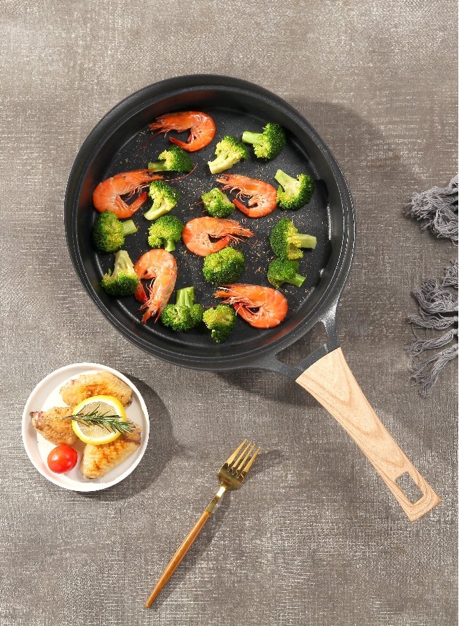 ESLITE LIFE Deep Frypan 20 cm Nonstick with Lid and wooden spatula | Aluminum | Non-stick Ceramic coating | Scratch Resistant & Durable | Soft touch wooden esthetic handle– Ideal for Stir-Fry, Frying & Sautéing , Black - Image 2