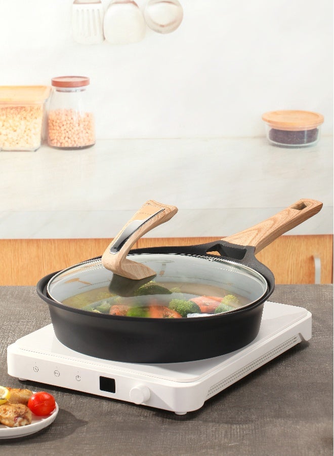 ESLITE LIFE Deep Frypan 20 cm Nonstick with Lid and wooden spatula | Aluminum | Non-stick Ceramic coating | Scratch Resistant & Durable | Soft touch wooden esthetic handle– Ideal for Stir-Fry, Frying & Sautéing , Black - Image 1