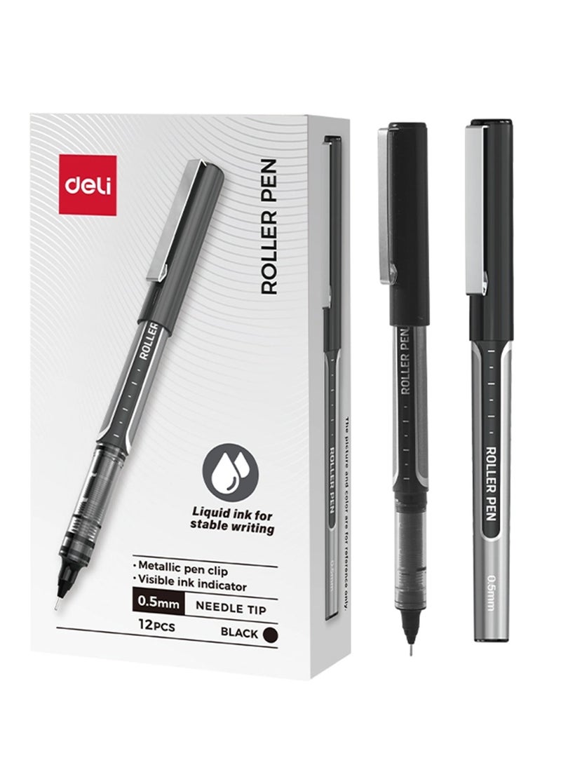 Deli 12-Piece Q657 Roller Pen With 0.5mm Needle Tip Black Ink - Image 1