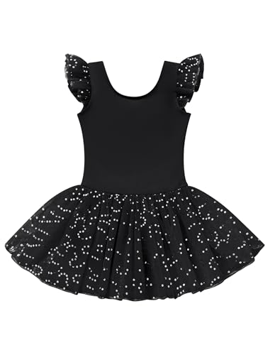 AGYMNX Kid Girls Classic Ruffle Sleeve Ballet Skirted Leotard Shiny Dance Tutu Dresses Ballerina Costume Black - Image 3