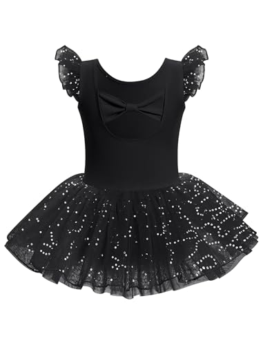 AGYMNX Kid Girls Classic Ruffle Sleeve Ballet Skirted Leotard Shiny Dance Tutu Dresses Ballerina Costume Black - Image 2